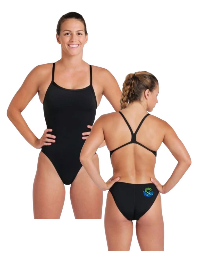 Magnolia Green Sea Dragons Arena Solid Black Thin Strap/Cut Out Back Suit with Logo - Challenge Back