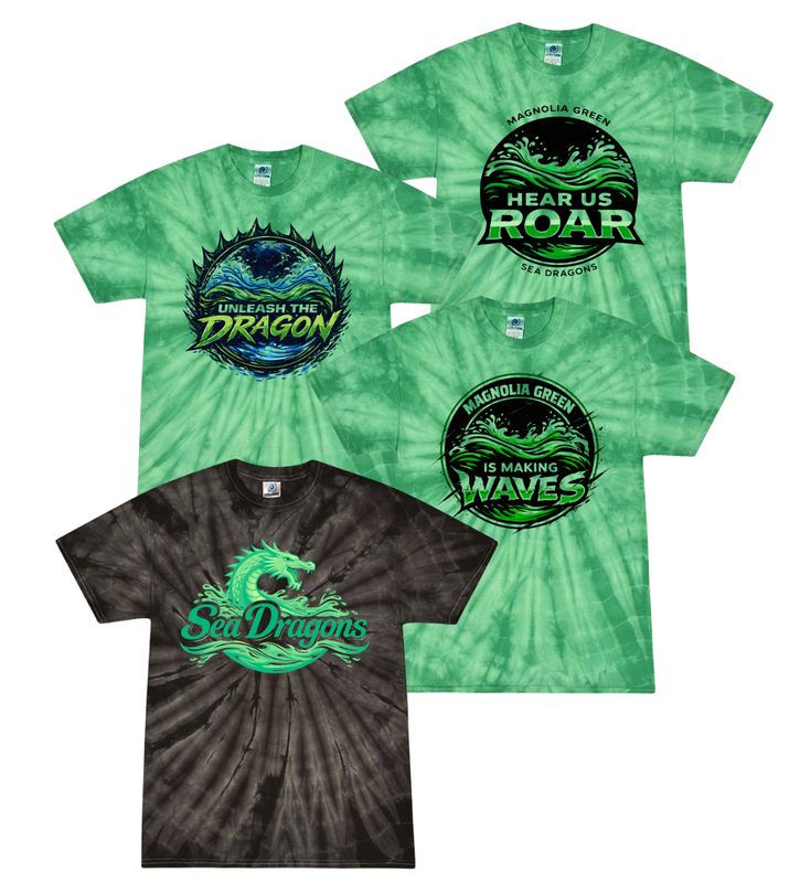 Magnolia Green Sea Dragons Tie Dyed T-Shirt - Spider Kelly or Spider Black- 4 Design Options - Youth & Adult Sizes