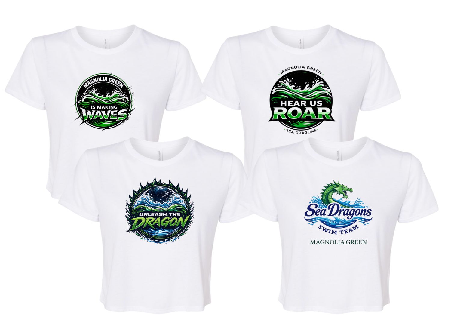 Magnolia Green Sea Dragons Ladies Flowy Crop Tee - White - 4 Design Options - Adult
