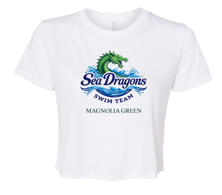 Magnolia Green Sea Dragons Ladies Flowy Crop Tee - White - 4 Design Options - Adult
