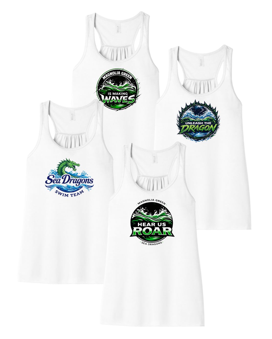 Magnolia Green Sea Dragons Girls & Ladies Flowy Racerback Tank   - White - 4 Design Options - YOUTH & ADULT Sizing
