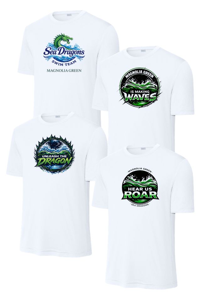 ​Magnolia Green Sea Dragons MENS Moisture Wick Tee -White - 4 Design Options - Adult