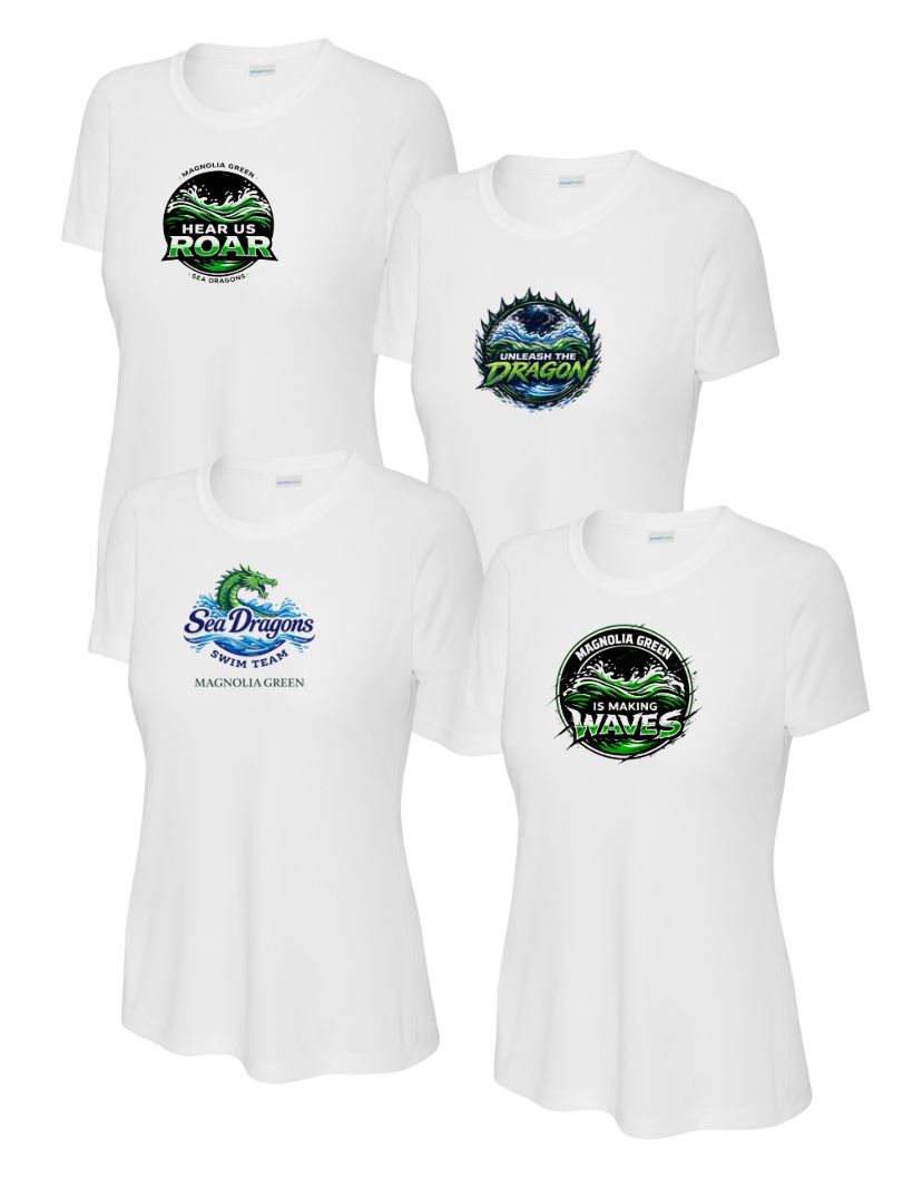 Magnolia Green Sea Dragons LADIES Moisture Wick Tee - White - 4 Design Options - Adult