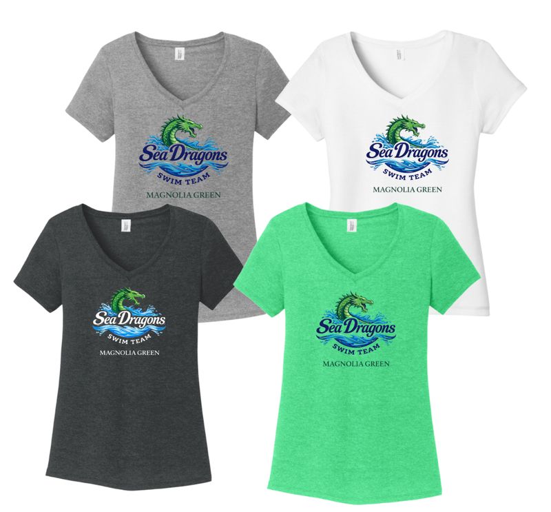 Magnolia Green Sea Dragons Ladies V-Neck Tee T-Shirt - White, Grey Frost, Black Frost or Green Frost - Adult Sizes
