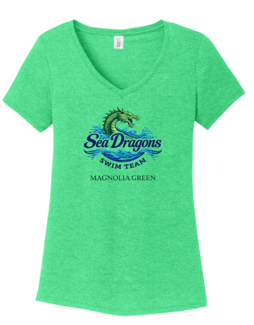 Magnolia Green Sea Dragons Ladies V-Neck Tee T-Shirt - White, Grey Frost, Black Frost or Green Frost - Adult Sizes
