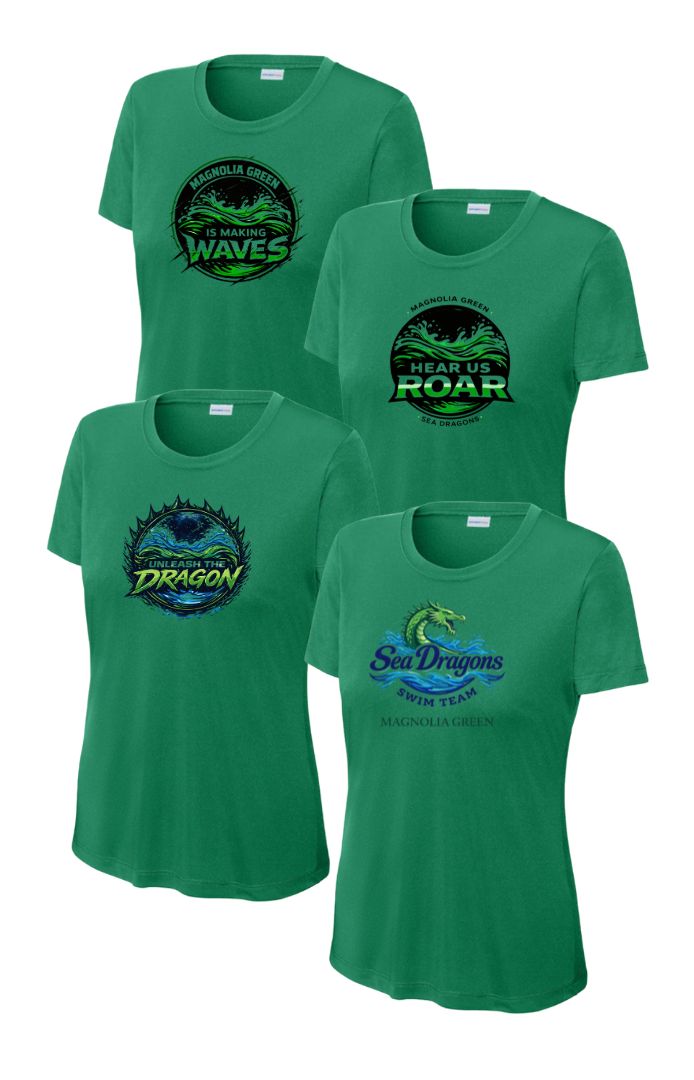 Magnolia Green Sea Dragons LADIES Moisture Wick Tee - Kelly Green - 4 Design Options - Adult