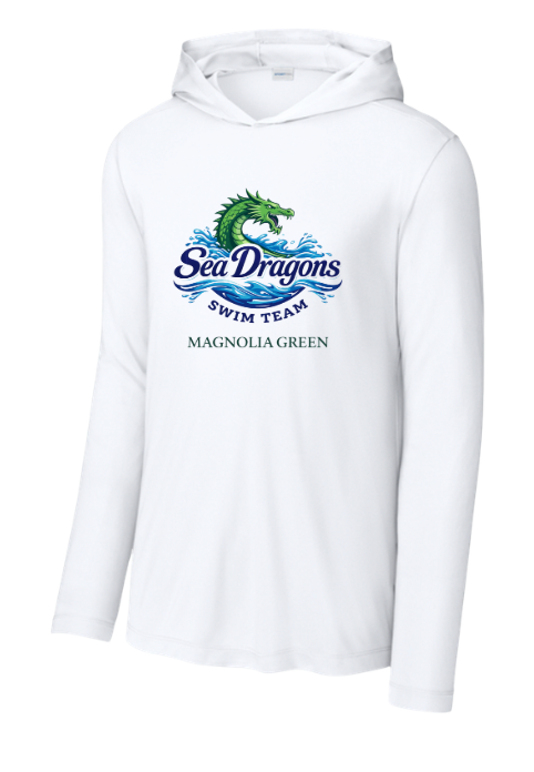 Magnolia Green Sea Dragons UV Pro Long Sleeve Hoodie Tee - White - 4 Design Options - Adult