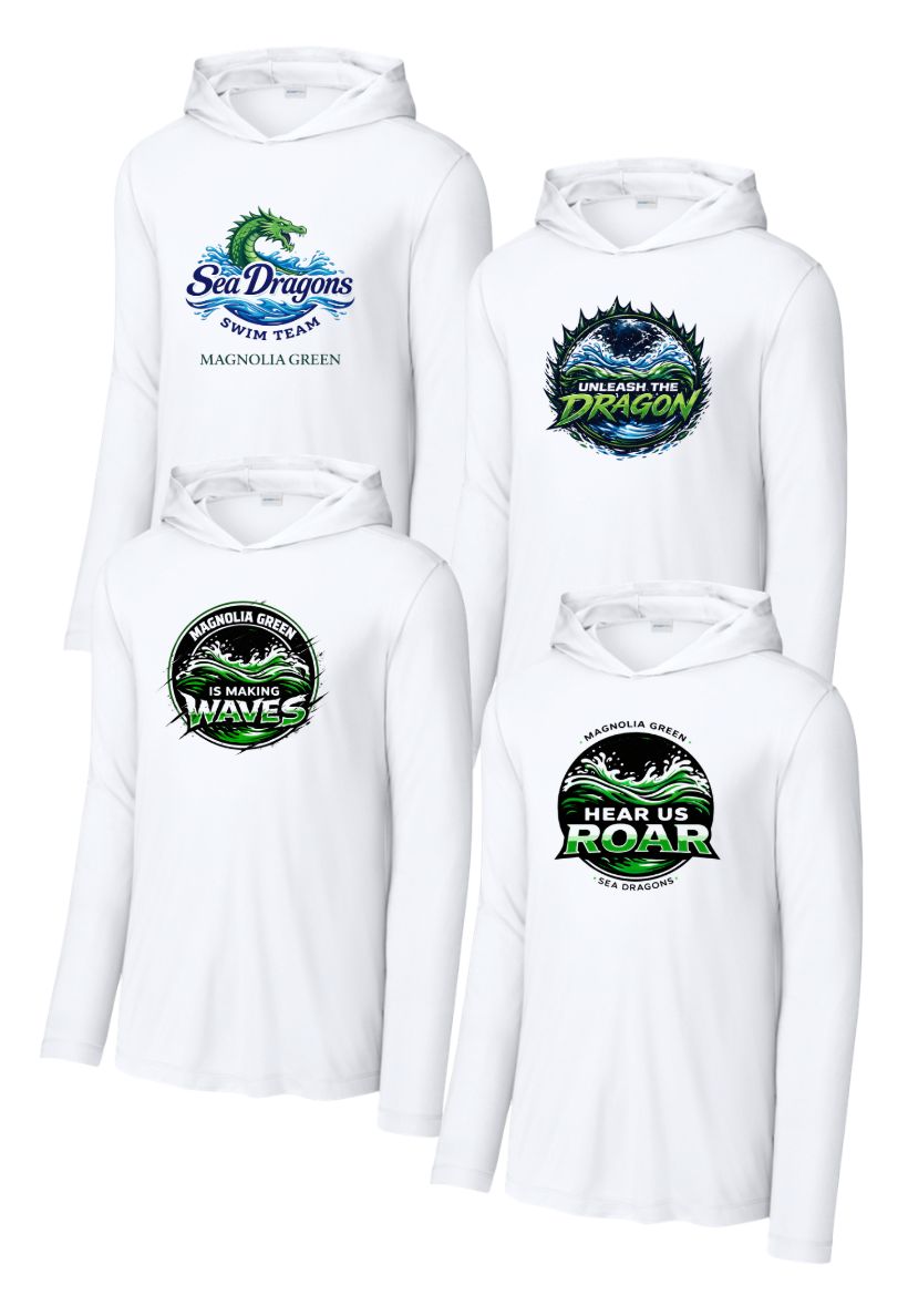 Magnolia Green Sea Dragons  UV Pro Long Sleeve Hoodie Tee - White - 4 Design Options - Adult