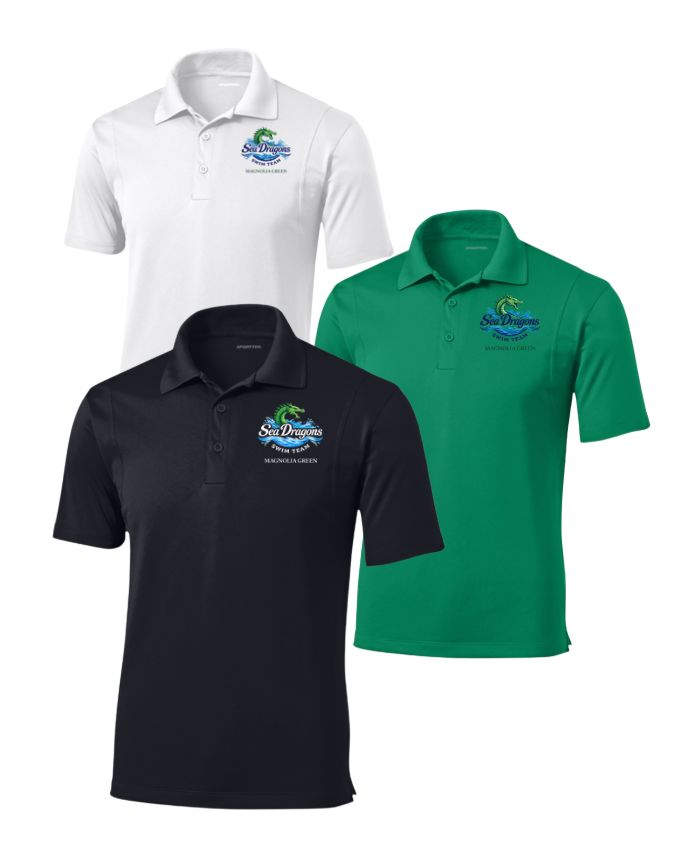 Magnolia Green Sea Dragons Embroidered Mens Moisture Wick Polo