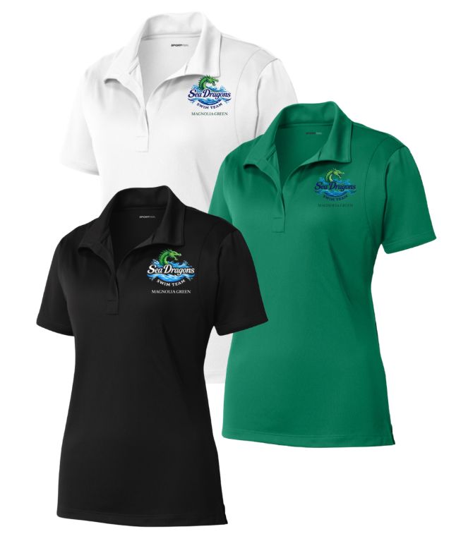 Magnolia Green Sea Dragons Embroidered Ladies Moisture Wick Polo