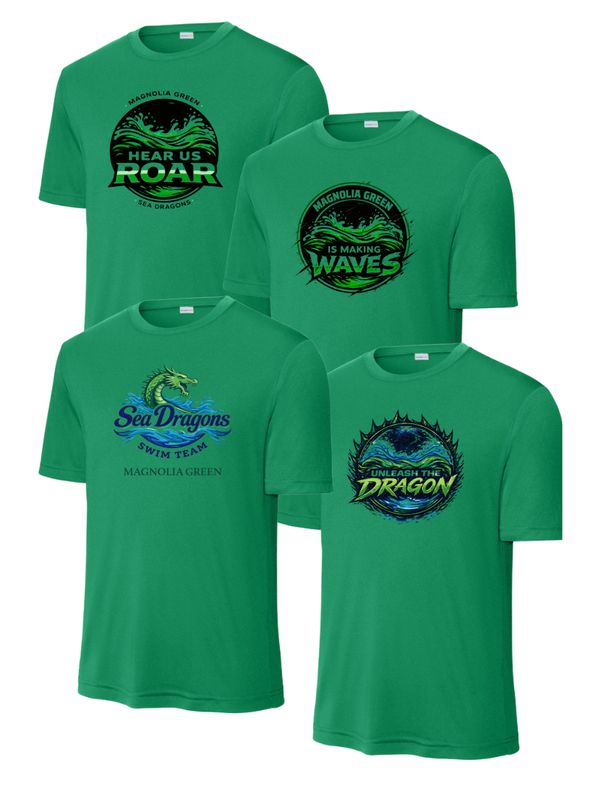​Magnolia Green Sea Dragons MENS Moisture Wick Tee -Kelly Green - 4 Design Options - Adult