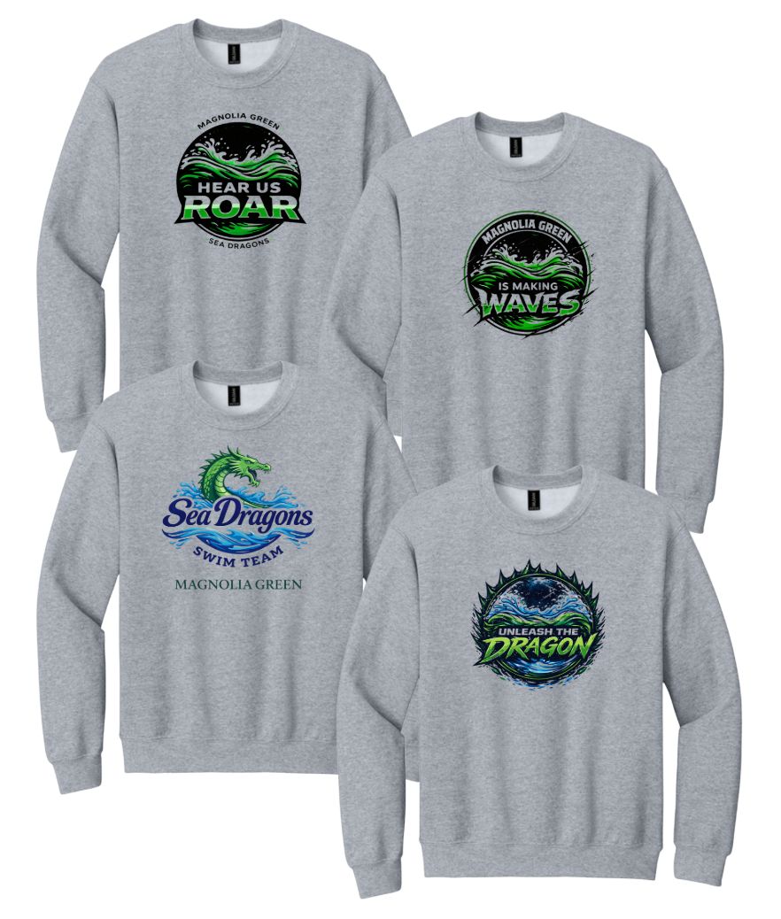 Magnolia Green Sea Dragons Crew Sweatshirt -  Sport Grey - 4 Design Options - Youth & Adult Sizes