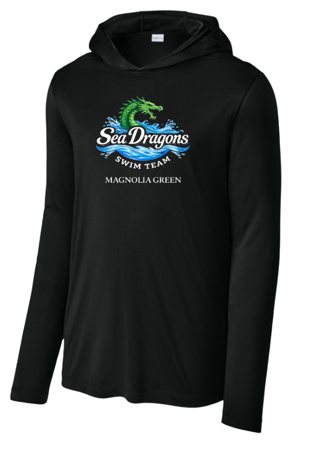 Magnolia Green Sea Dragons  UV Pro Long Sleeve Hoodie Tee - Black - Team Logo - Adult