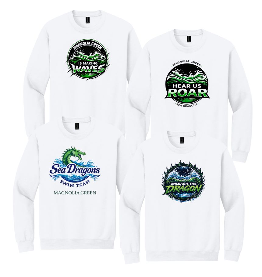 Magnolia Green Sea Dragons Crew Sweatshirt -  White - 4 Design Options - Youth & Adult Sizes