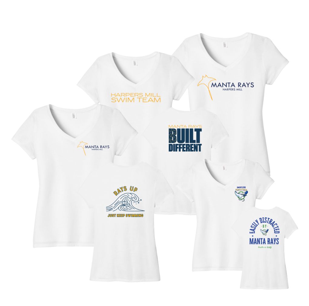Harpers Mill Manta Rays Ladies TEAM V-Neck Tee- White - 4 Design Options - Adult Sizes - Optional Personalization Harpers Mill Manta Rays Ladies TEAM V-Neck Tee- White - 4 Design Options - Adult Sizes - Optional Personalization