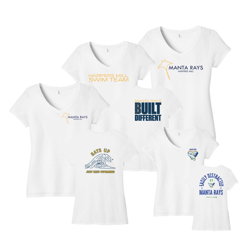 Harpers Mill Manta Rays Ladies TEAM V-Neck Tee- White - 4 Design Options - Adult Sizes - Optional Personalization Harpers Mill Manta Rays Ladies TEAM V-Neck Tee- White - 4 Design Options - Adult Sizes - Optional Personalization