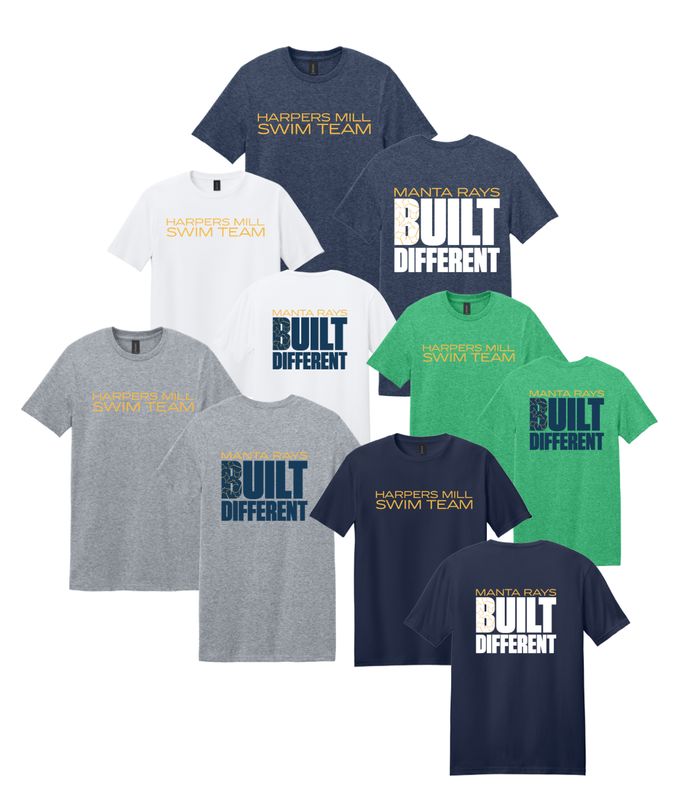 Harpers Mill Manta Rays BUILT DIFFERENT T-Shirt - White, Navy, Heather Navy, Heather Irish Green or Sport Grey - Youth & Adult Sizes - with Optional Personalization Harpers Mill Manta Rays BUILT DIFFERENT T-Shirt - White, Navy, Heather Navy, Heather Irish Green or Sport Grey - Youth & Adult Sizes - with Optional Personalization