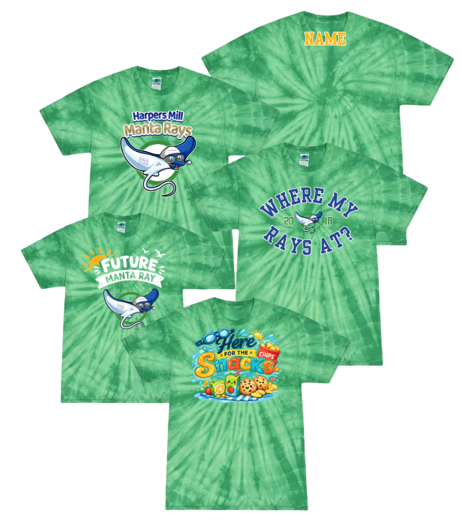 Harpers Mill Manta Rays TIE DYE T-Shirt - Spider Kelly or Spider Navy - Youth & Adult Sizes - with Optional Personalization