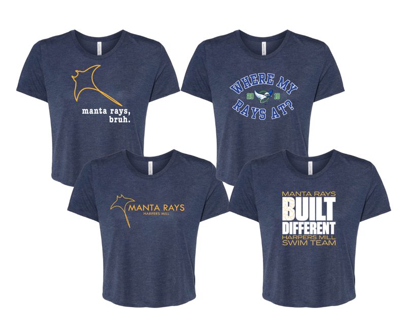 Harpers Mill Manta Rays Ladies Flowy Crop Tee - Heather Navy - 4 Design Options - Adult Harpers Mill Manta Rays Ladies Flowy Crop Tee - Heather Navy - 4 Design Options - Adult