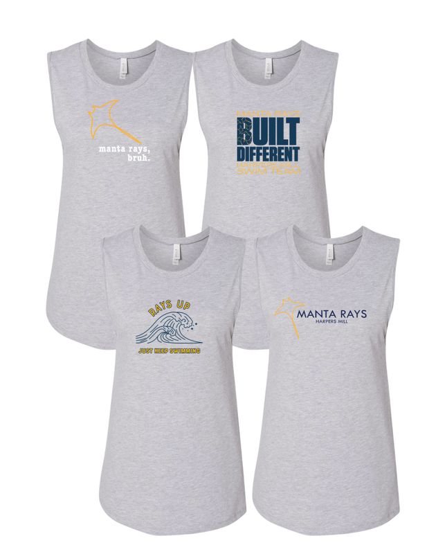 Harpers Mill Manta Rays Ladies Muscle Tank Top - Athletic Heather - 4 Design Options - Adult Sizes Harpers Mill Manta Rays Ladies Muscle Tank Top - Athletic Heather - 4 Design Options - Adult Sizes