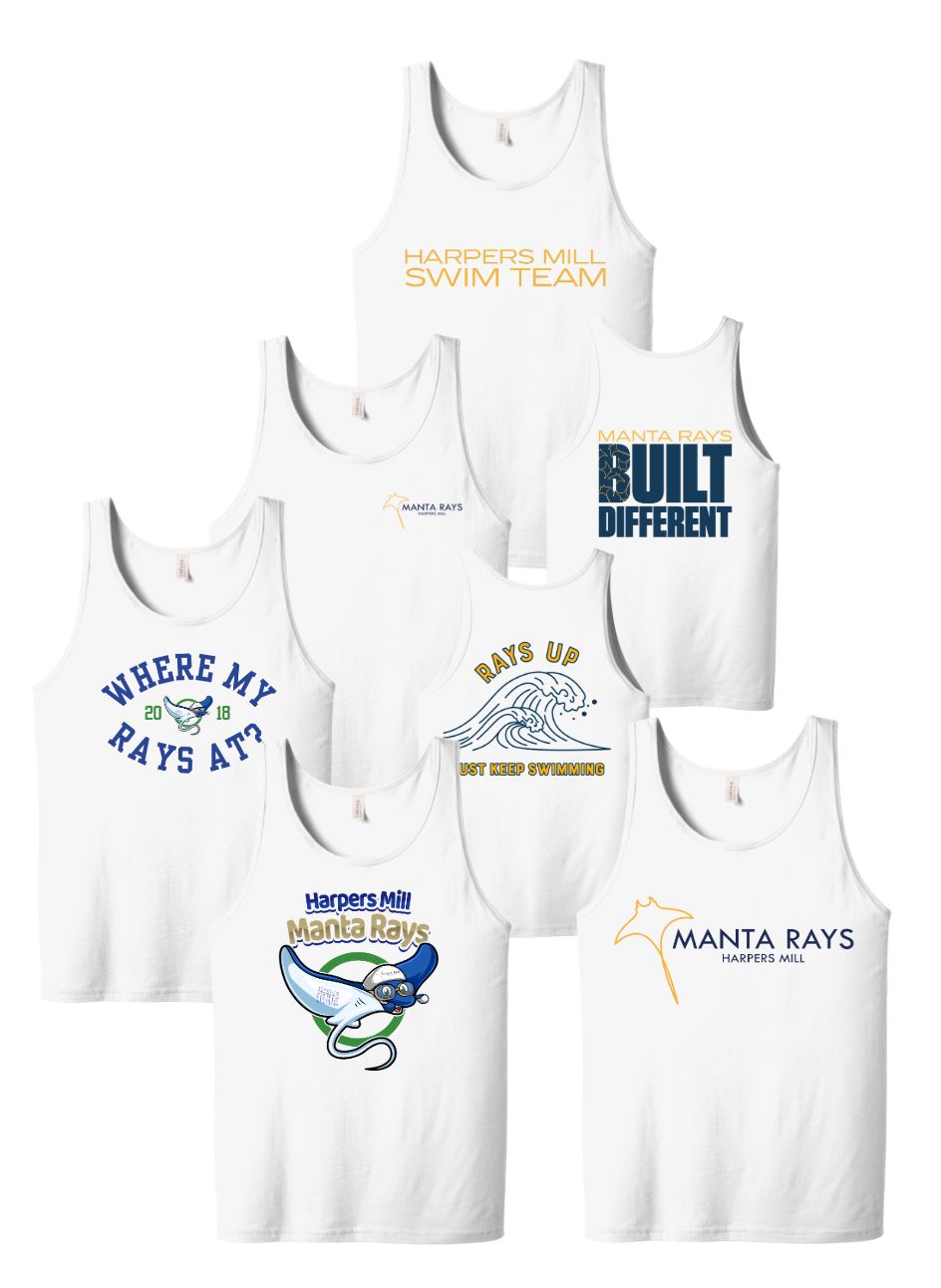 Harpers Mill Manta Rays Team Unisex Jersey Tank Top - White - 5 Design Options - Youth & Adult Sizes Harpers Mill Manta Rays Team Unisex Jersey Tank Top - White - 5 Design Options - Youth & Adult Sizes