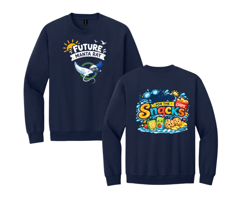 Harpers Mill Manta Rays Crew Sweatshirt - FUTURE MANTA RAY - HERE FOR SNACKS - Navy or Sport Grey - With Optional Personalization - Youth Sizes