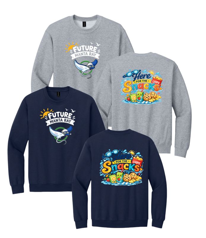 Harpers Mill Manta Rays Crew Sweatshirt - FUTURE MANTA RAY - HERE FOR SNACKS - Navy or Sport Grey - With Optional Personalization - Youth Sizes Harpers Mill Manta Rays Crew Sweatshirt - FUTURE MANTA RAY - HERE FOR SNACKS - Navy or Sport Grey - With Optional Personalization - Youth Sizes