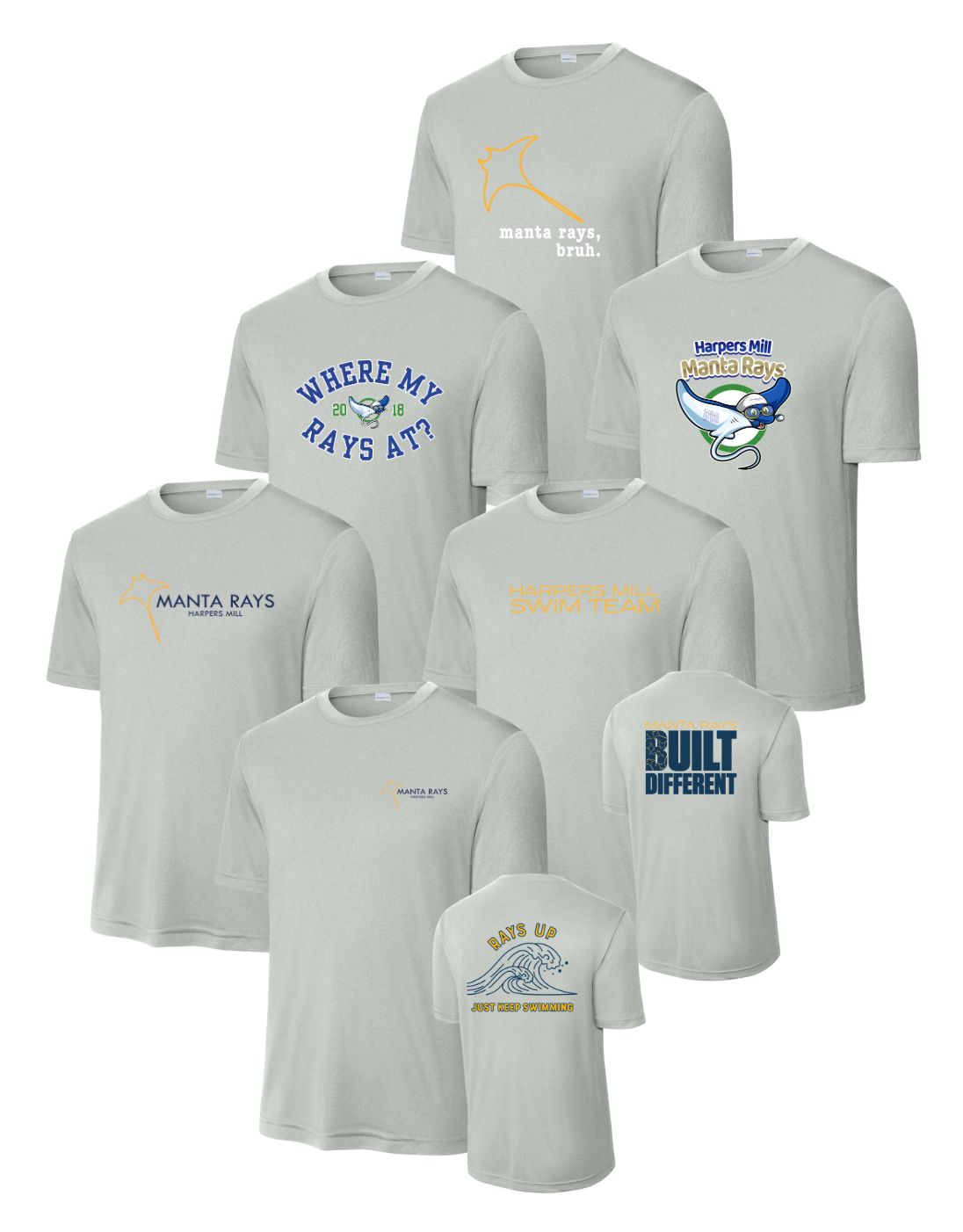 Harpers Mill Manta Rays Mens Moisture Wick Tee - Silver - 6 Design Options - With Optional Personalization - Adult Sizes Harpers Mill Manta Rays Mens Moisture Wick Tee - Silver - 6 Design Options - With Optional Personalization - Adult Sizes