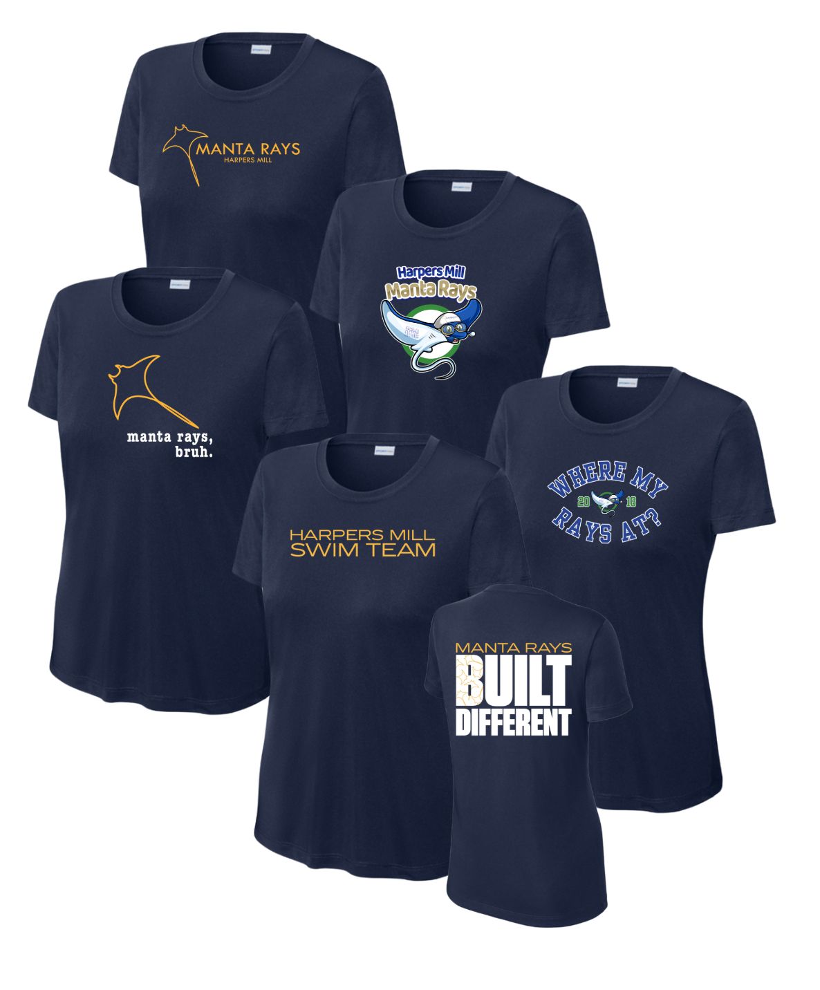 Harpers Mill Manta Rays Ladies Moisture Wick Tee - Navy - 5 Design Options - With Optional Personalization - Adult Sizes