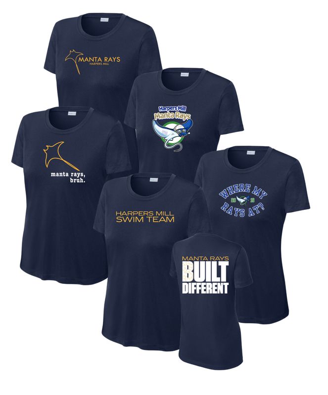 Harpers Mill Manta Rays Ladies Moisture Wick Tee - Navy - 5 Design Options - With Optional Personalization - Adult Sizes Harpers Mill Manta Rays Ladies Moisture Wick Tee - Navy - 5 Design Options - With Optional Personalization - Adult Sizes