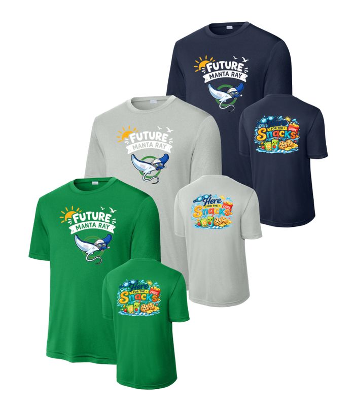 Harpers Mill Manta Rays YOUTH Moisture Wick Tee - White, Navy or SIlver - FUTURE MANTA RAY- HERE FOR SNACKS - YOUTH Sizes Harpers Mill Manta Rays YOUTH Moisture Wick Tee - White, Navy or SIlver - FUTURE MANTA RAY- HERE FOR SNACKS - YOUTH Sizes