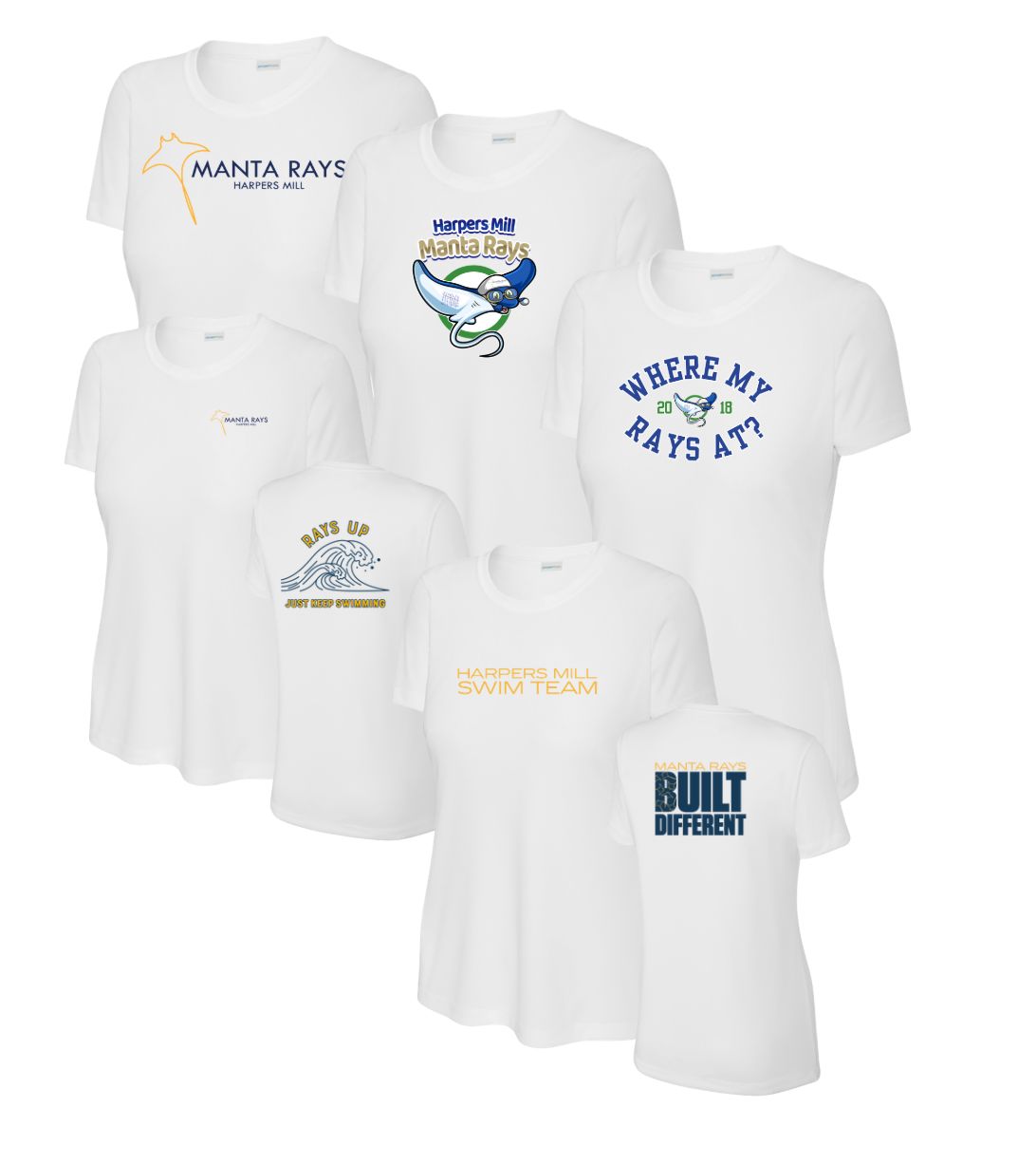 Harpers Mill Manta Rays Ladies Moisture Wick Tee - White - 5 Design Options - With Optional Personization - Adult Sizes Harpers Mill Manta Rays Ladies Moisture Wick Tee - White - 5 Design Options - With Optional Personization - Adult Sizes