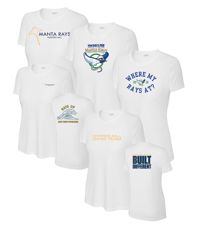 Harpers Mill Manta Rays Ladies Moisture Wick Tee - White - 5 Design Options - With Optional Personization - Adult Sizes Harpers Mill Manta Rays Ladies Moisture Wick Tee - White - 5 Design Options - With Optional Personization - Adult Sizes
