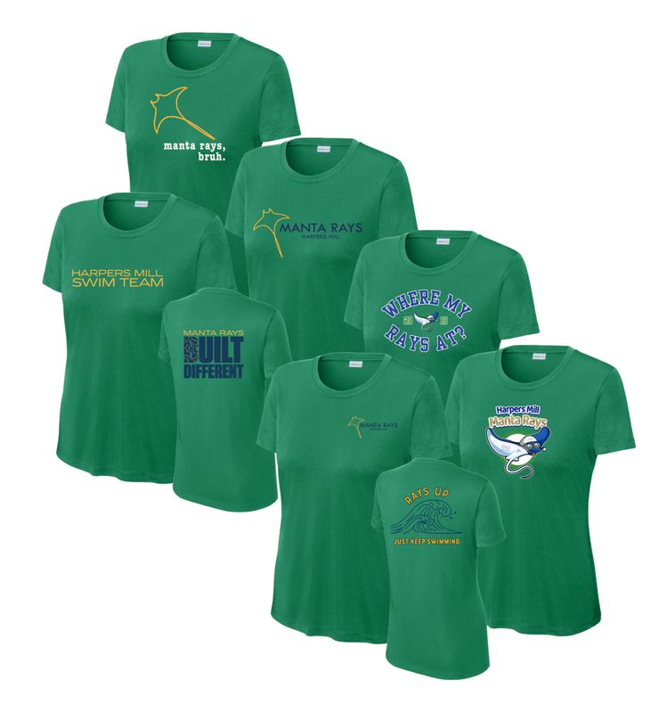 Harpers Mill Manta Rays Ladies Moisture Wick Tee - Kelly Green - 6 Design Options - With Optional Personalization - Adult Sizes Harpers Mill Manta Rays Ladies Moisture Wick Tee - Kelly Green - 6 Design Options - With Optional Personalization - Adult Sizes