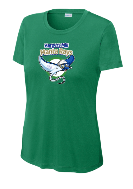 Harpers Mill Manta Rays Ladies Moisture Wick Tee - Kelly Green - 6 Design Options - With Optional Personalization - Adult Sizes