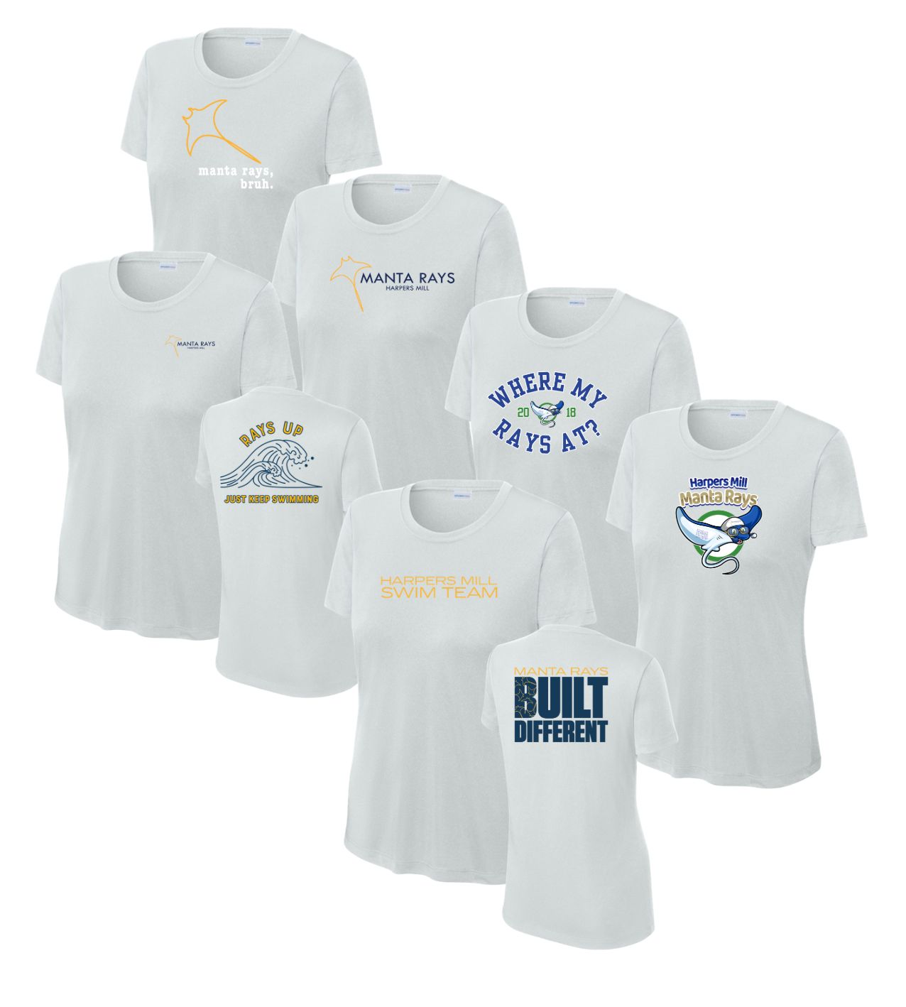 Harpers Mill Manta Rays Ladies Moisture Wick Tee - Silver - 6 Design Options - With Optional Personalization - Adult Sizes Harpers Mill Manta Rays Ladies Moisture Wick Tee - Silver - 6 Design Options - With Optional Personalization - Adult Sizes