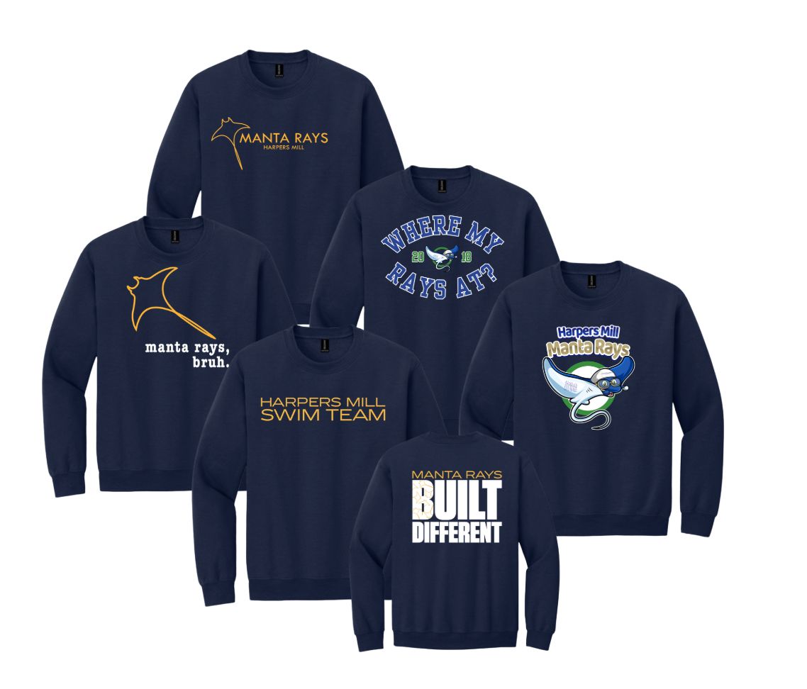 Harpers Mill Manta Rays Crew Sweatshirt - 5 Design Options - Navy  - With Optional Personalization - Youth & Adult Sizes