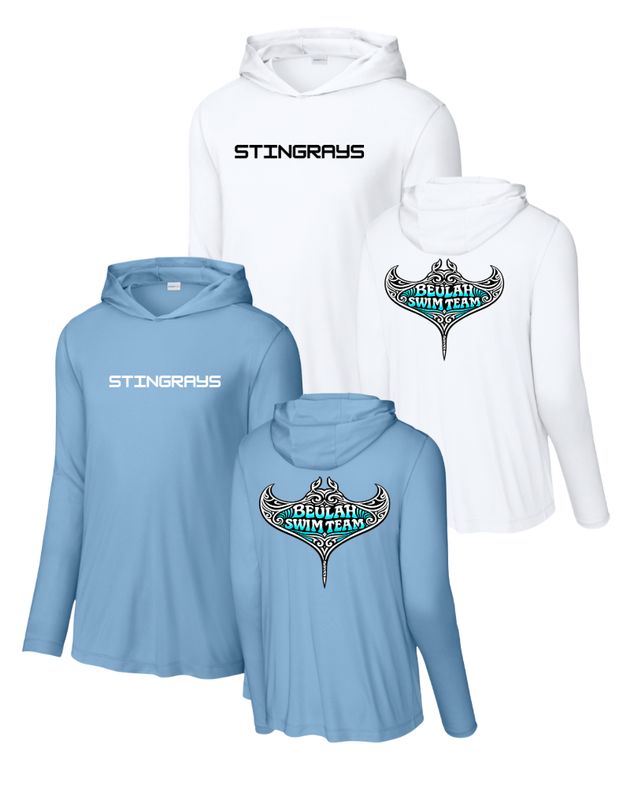 Beulah Stingrays UV Pro Long Sleeve Hoodie Tee - White or Light Blue - ADULT