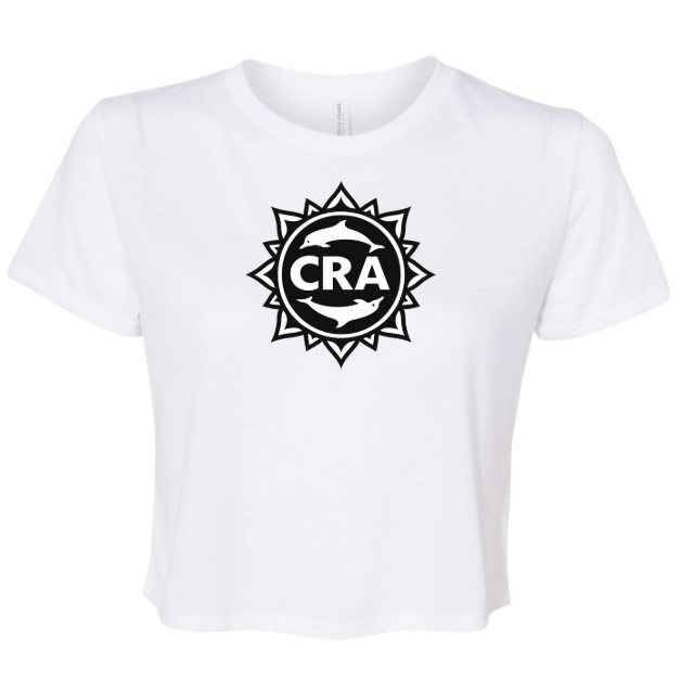 CRA Dolphins BLACK TEAM LOGO Ladies Flowy Crop Tee - Athletic Heather, Black or White - Adult