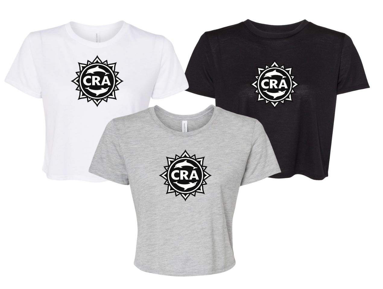 CRA Dolphins BLACK TEAM LOGO Ladies Flowy Crop Tee - Athletic Heather, Black or White - Adult CRA Dolphins BLACK TEAM LOGO Ladies Flowy Crop Tee - Athletic Heather, Black or White - Adult