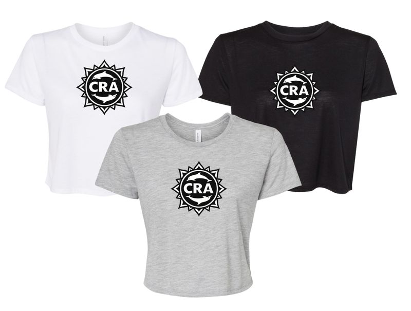 CRA Dolphins BLACK TEAM LOGO Ladies Flowy Crop Tee - Athletic Heather, Black  or White - Adult