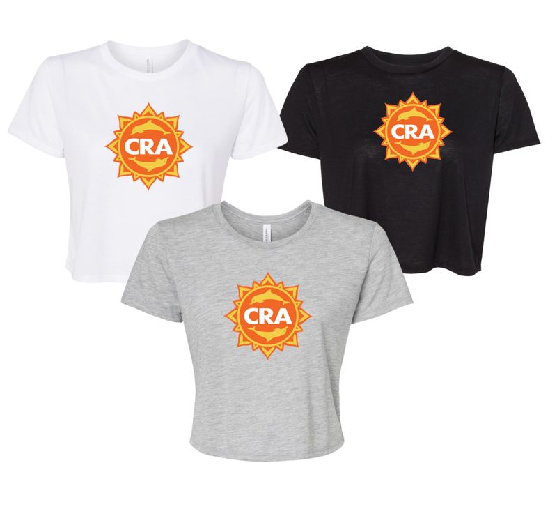 CRA Dolphins ORANGE TEAM LOGO Ladies Flowy Crop Tee - Athletic Heather, Black  or White - Adult