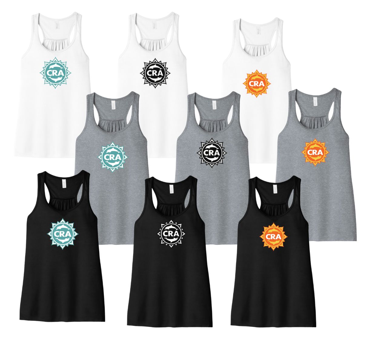 CRA Dolphins Team LADIES Flowy Racerback Tank   - White, Athletic Heather or Teal  - ADULT Sizes