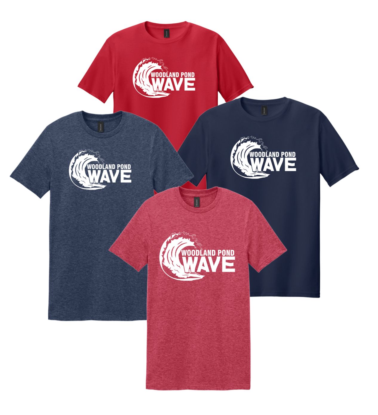 Woodland Pond Wave T-Shirt - White Team Logo - Navy, Red, Heather Red or Heather Navy - Adult & Youth Sizes Woodland Pond Wave T-Shirt - White Team Logo - Navy, Red, Heather Red or Heather Navy - Adult & Youth Sizes