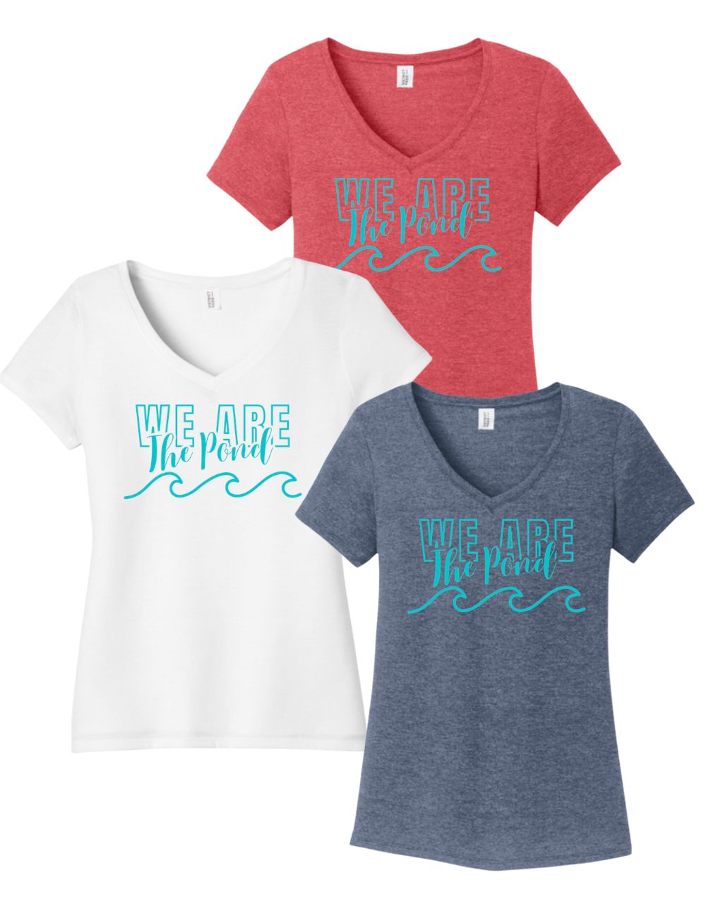 Woodland Pond Wave Ladies V-Neck Tee - White, Navy Frost or Red Frost - We Are The Pond Logo - Adult