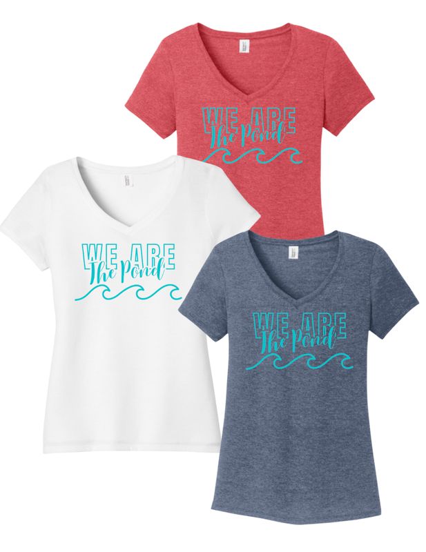 Woodland Pond Wave Ladies V-Neck Tee - White, Navy Frost or Red Frost - We Are The Pond Logo - Adult Woodland Pond Wave Ladies V-Neck Tee - White, Navy Frost or Red Frost - We Are The Pond Logo - Adult