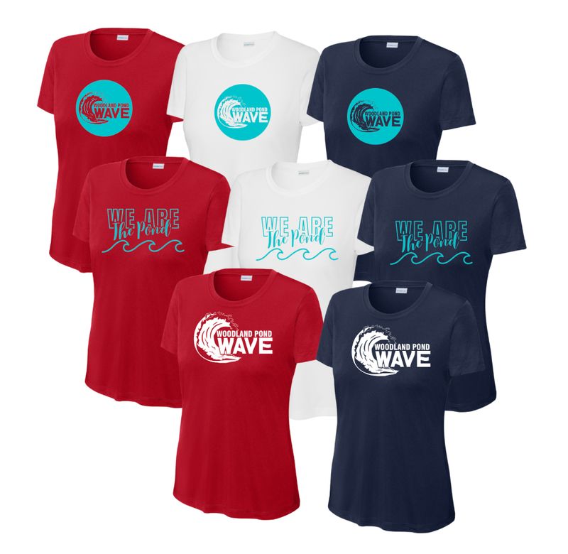 Woodland Pond Wave Ladies Moisture Wick Tee - White, Red or Navy - 3 Design Options - Adult LADIES Woodland Pond Wave Ladies Moisture Wick Tee - White, Red or Navy - 3 Design Options - Adult LADIES