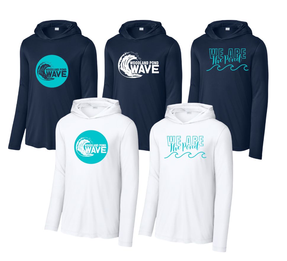 Woodland Pond Wave UV Pro Long Sleeve Hoodie Tee - White Or Navy - 3 Design Options - Adult Woodland Pond Wave UV Pro Long Sleeve Hoodie Tee - White Or Navy - 3 Design Options - Adult
