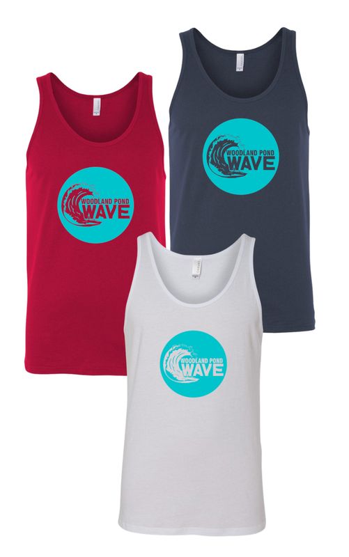 Woodland Pond Wave Unisex Jersey Tank Top - White, Red or Navy - Turquoise Team Logo - Adult Sizes Woodland Pond Wave Unisex Jersey Tank Top - White, Red or Navy - Turquoise Team Logo - Adult Sizes