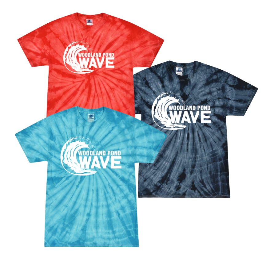 Woodland Pond Wave TIE DYE T-Shirt - White Team Logo - Spider Turquoise, Spider Navy or Spider Red - Youth & Adult Sizes Woodland Pond Wave TIE DYE T-Shirt - White Team Logo - Spider Turquoise, Spider Navy or Spider Red - Youth & Adult Sizes